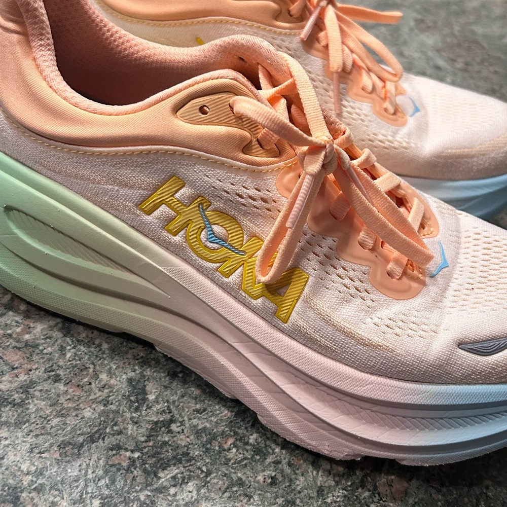 Hoka Women's Peach and Mint BONDI Shoes